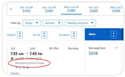 aa.com codeshare flight example